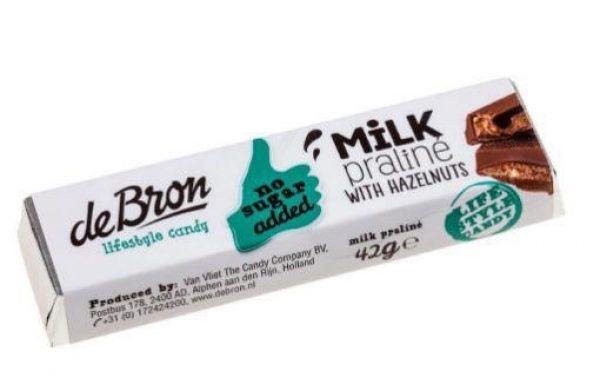 De Bron Chocoladereep Melk Hazelnoot Praline Suikervrij