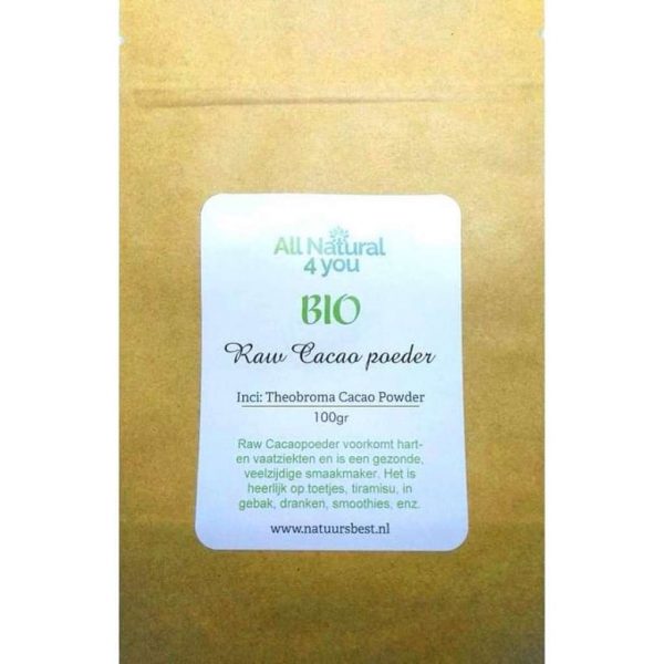 All Natural 4 You Cacao poeder biologisch - Cacao poeder raw - Cacao - Zonder toevoegingen - 500gram - Verpakt in kraftzak (gemaakt van gerecycled papier) om geen plastic afval te creëren