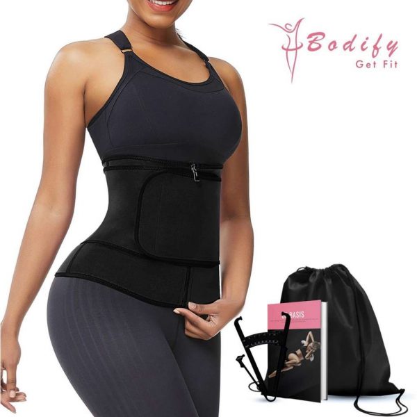 Bodify® Afslankband met Rits-Incl. E-Book Huidplooimeter en Sportas-Zweetband-Waist Trainer-Waist Shaper-Shapewear-L-Zwart