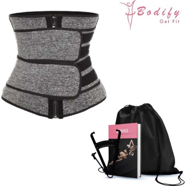 Bodify® Waist Trainer-Incl. E-Book Huidplooimeter en Sportas-Waist Shaper-Shapewear Dames-Corset-Zweetband-Afslankband-L-Grijs