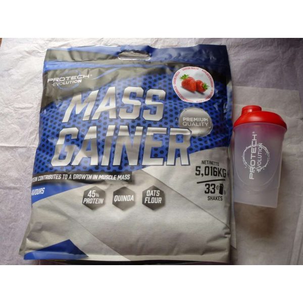 MASS GAINER 5kg. Smaak aardbei  + Shaker 600ml. Gratis