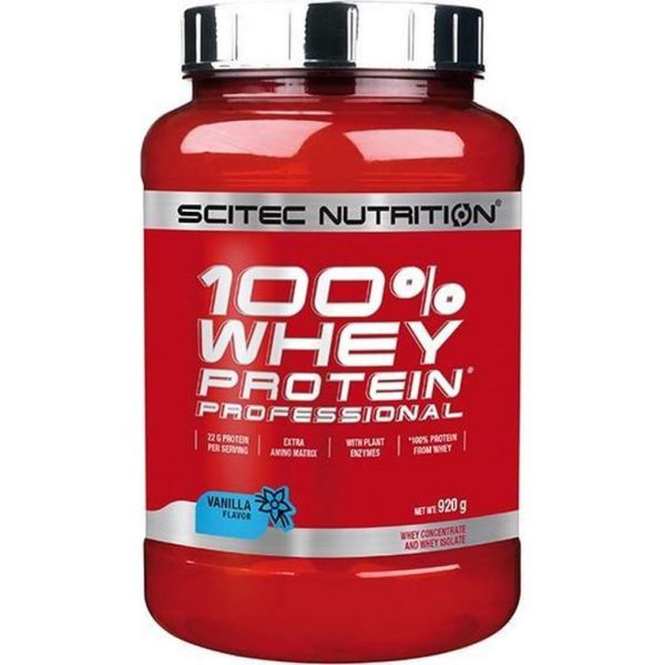 Scitec Nutrition - 100% Whey Protein Professional - With Extra Key Aminos and Digestive Enzymes - 920 g - Vanilla - Vanille