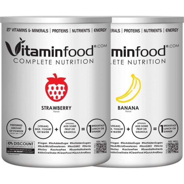 VITAMIN FOOD | 2 potten / 2 smaken (AARDBEI+BANAAN) | Vitaminfood® | Complete Voeding | 27 Vitaminen&Mineralen | Suikervrije,Vegan Maaltijdvervangers | 100g ErwtenProteïnen | 1 zak=450g