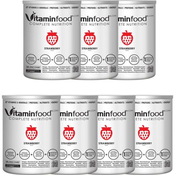 VITAMIN FOOD | 7 potten  / 1 smaak (AARDBEI) |Vitaminfood® | Complete Voeding | 27 Vitaminen&Mineralen | Suikervrije,Vegan Maaltijdvervangers | 100g ErwtenProteïnen | 7 x AARDBEI | 1 zak=450g