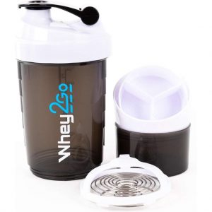 Whey2go - Premium Shake Beker - 500ML - Wit / Zwart - Driedelig met compartimenten Shakebeker