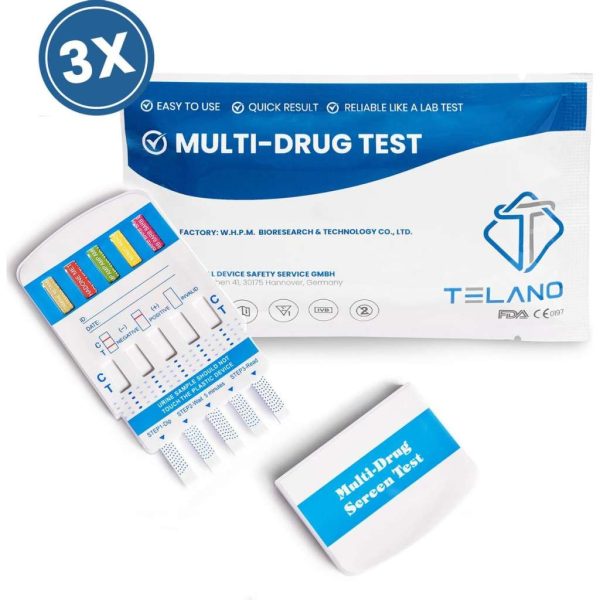 Telano - Multi Drugstest Urine test op 10 Soorten Drugs - Cannabis THC - Cocaïne - Speed - Ecstasy - Ketaminen - Metamfetamines - Heroïne - Benzodiazepinen - Methadon - Slaapmiddelen - 3 stuks